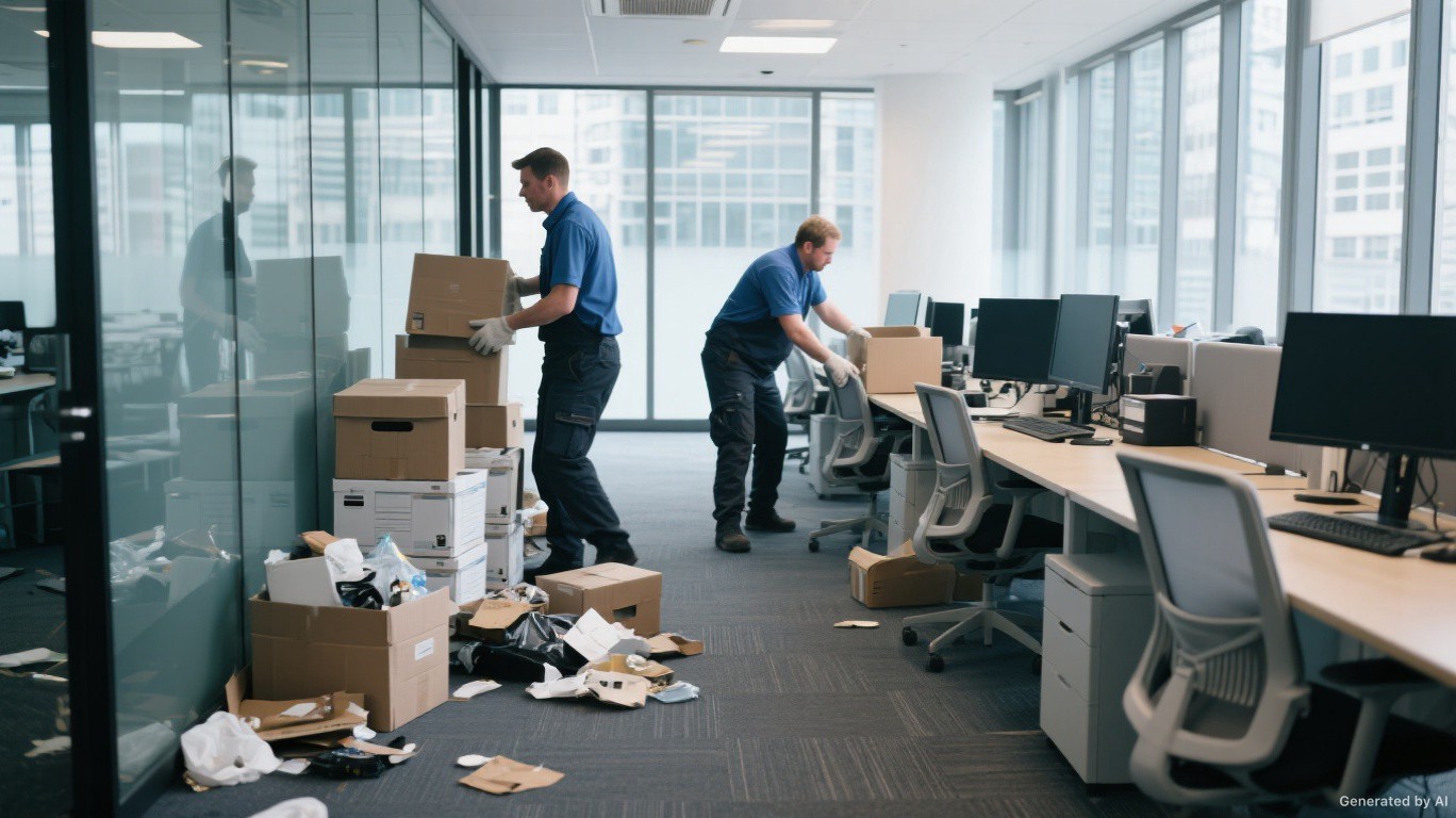 Office clearance team stripping a full Central SW3 (Chelsea) corporate office floor of desks, chairs, and general business waste — Office Clearance London