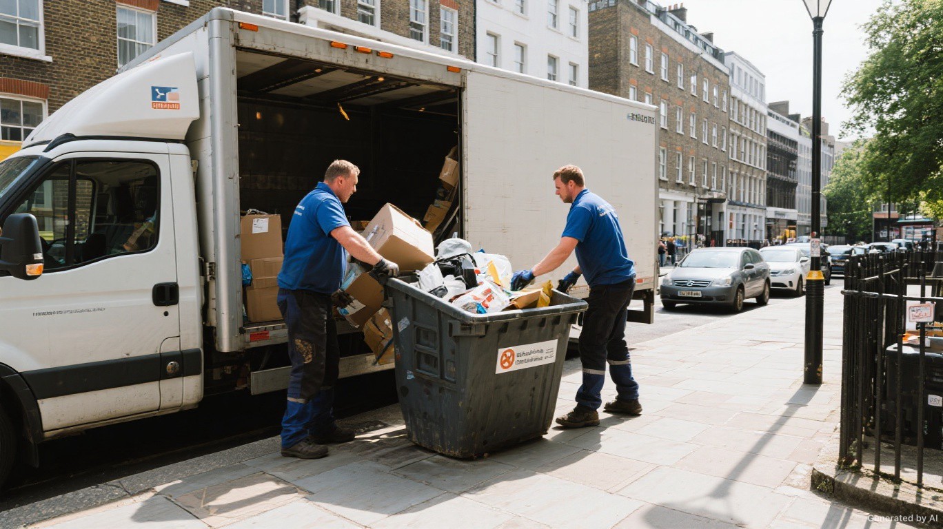Man and van waste clearance team loading a tipper van instead of a skip on a Chelsea SW3 street — Skip Hire Alternative