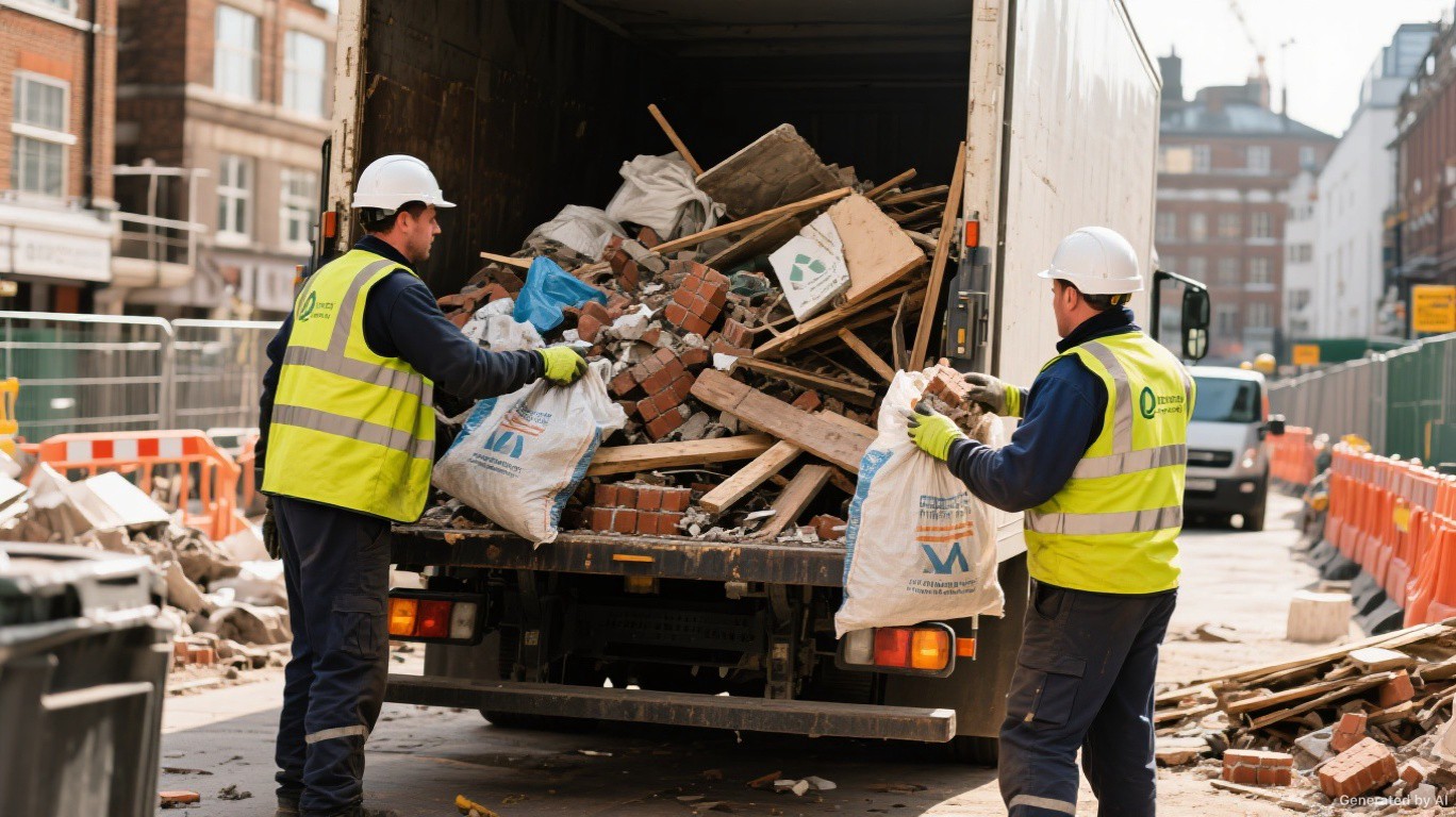 Construction waste clearance crew loading rubble, timber, and builders bags from an active Worlds End, Chelsea SW3 building site — Construction Waste Removal