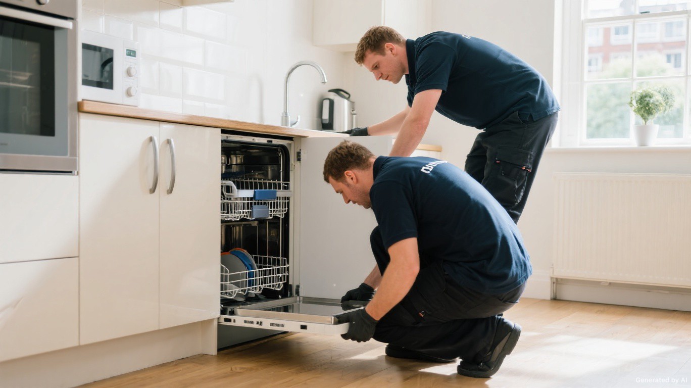 Dishwasher removal team disconnecting and removing an integrated dishwasher from a SW3 (Chelsea) managed block kitchen — Dishwasher Disposal