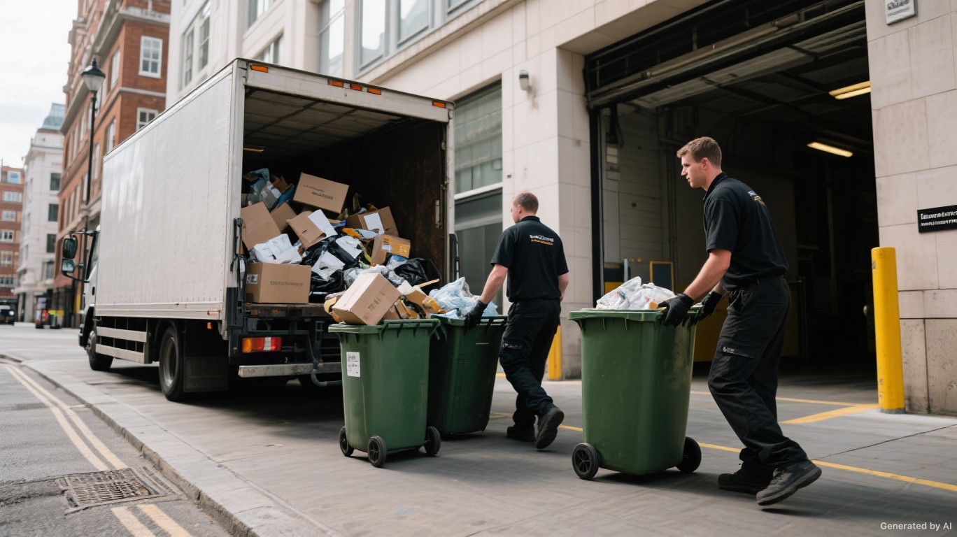 Commercial clearance crew collecting general business waste and wheelie bins from a Central SW3 (Chelsea) loading bay — Commercial Waste Collection