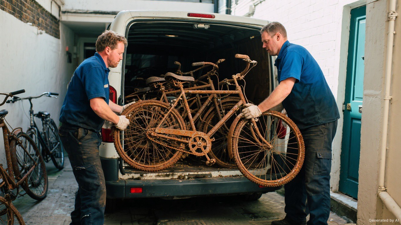 Abandoned bike disposal team loading rusted old bicycles onto a van from a Chelsea SW3 basement bike store — Bike Disposal & Frame Recycling