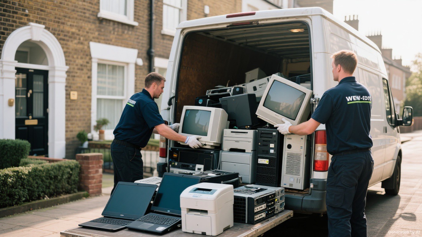 WEEE and e-waste collection team loading monitors laptops and printers from a Worlds End, Chelsea SW3 managed block home office — WEEE & E-Waste Recycling