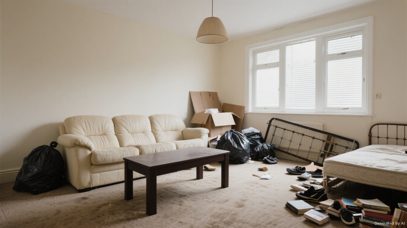 Carpet uplift team removing rolled carpet and underlay from a SW3 (Chelsea) managed block room — Carpet Uplift & Disposal