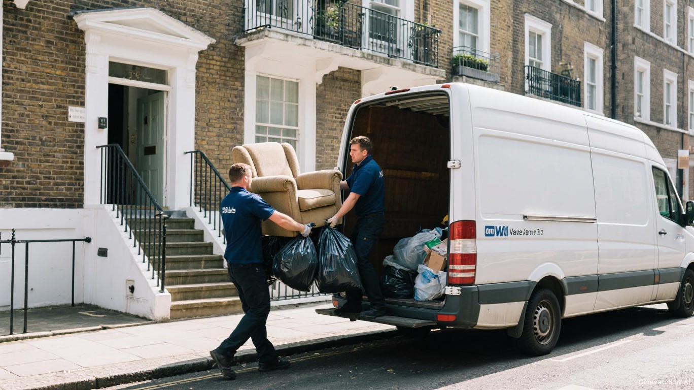 Two-person man and van rubbish removal crew carrying armchair and bin bags directly down stairs from inside a London flat to the van with no skip needed