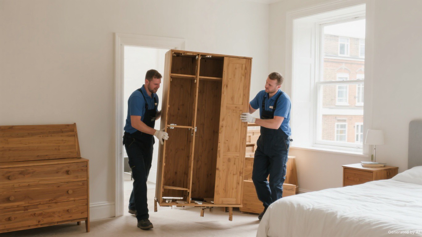 Wardrobe removal team carrying a dismantled wardrobe out of a London bedroom