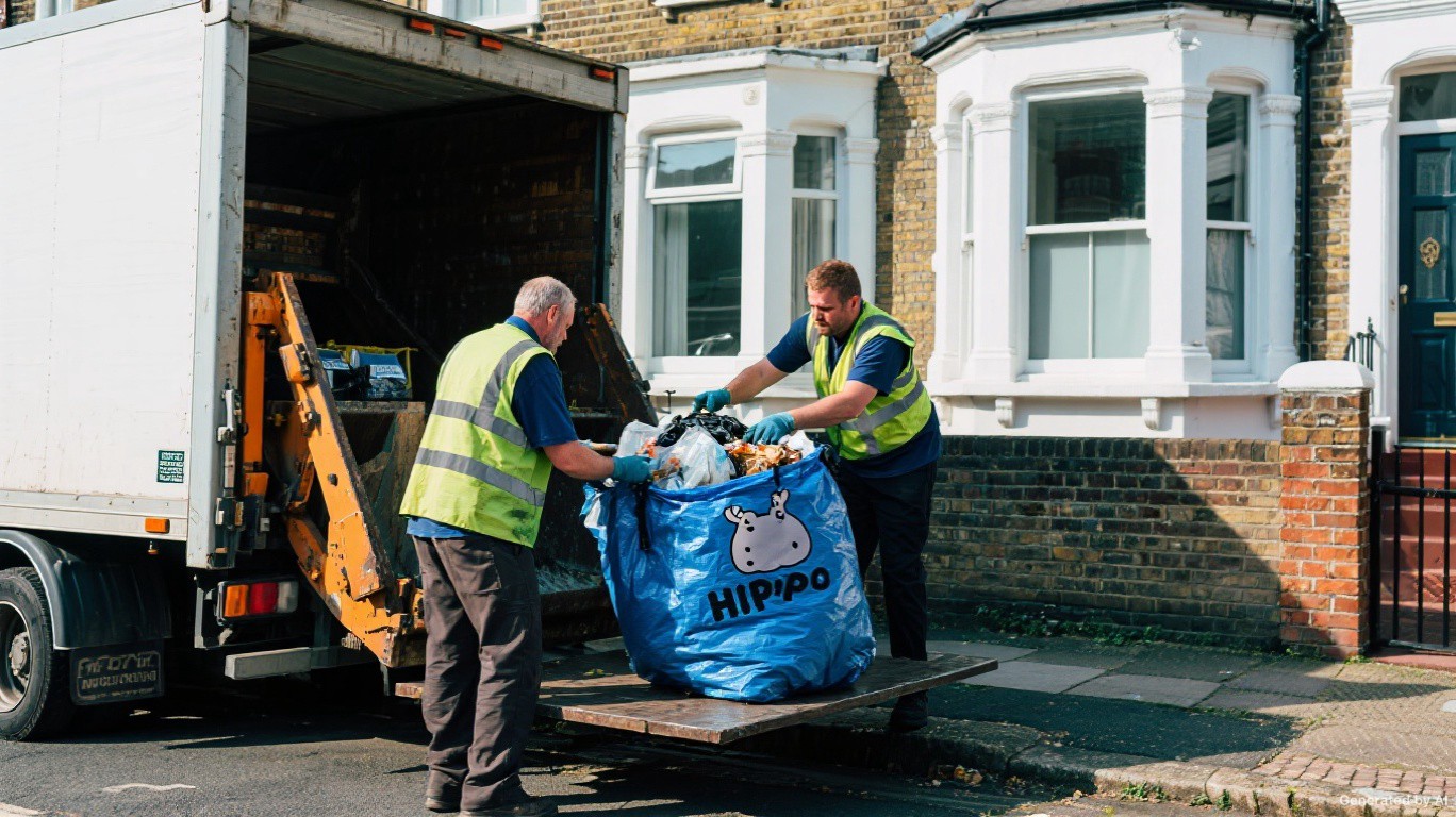 Hippo skip bag collection team loading a filled skip bag from a SW3 (Chelsea) terraced house garden — Hippo Bag & Skip Bag Collection