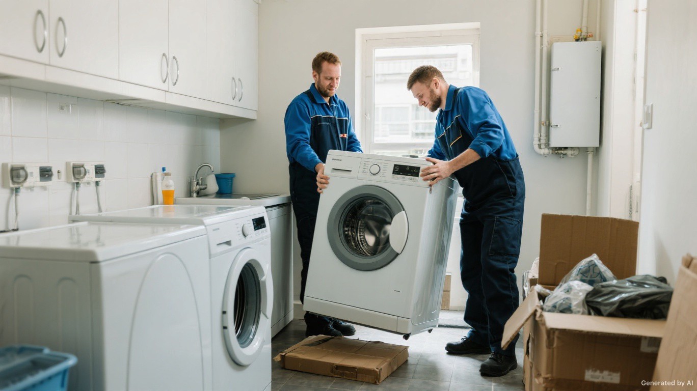 Appliance removal team lifting a washing machine from a London utility room