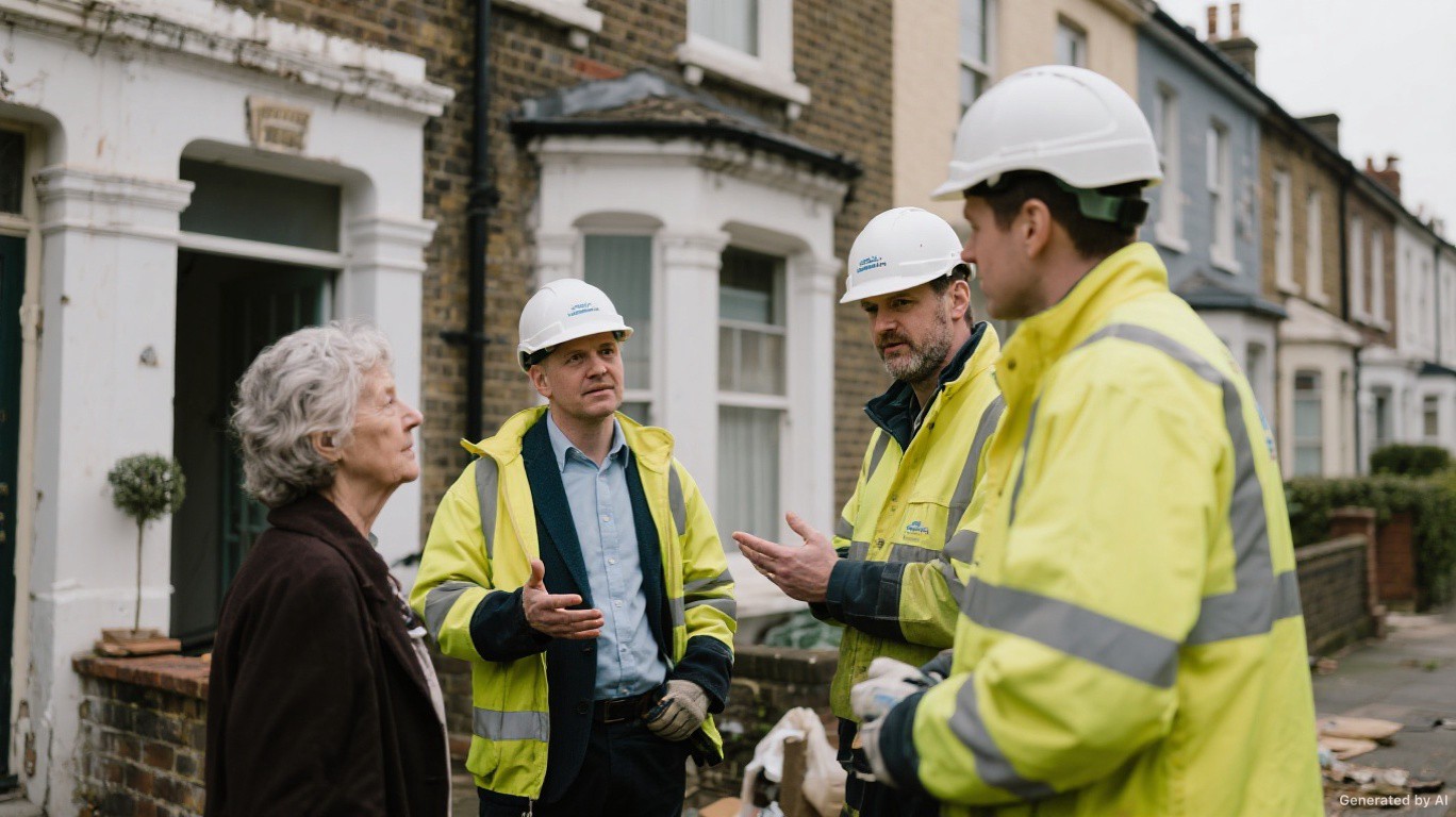 Asbestos survey and handover meeting outside a pre-1970 SW3 (Chelsea) terraced house — Asbestos Info & Handover