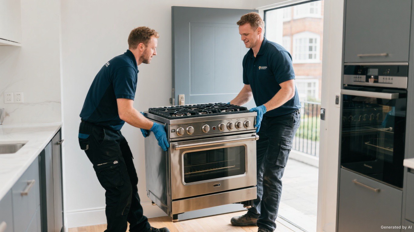 Cooker removal team carefully lifting a heavy stainless steel range cooker from a SW3 (Chelsea) managed block kitchen — Cooker, Oven & Range Removal